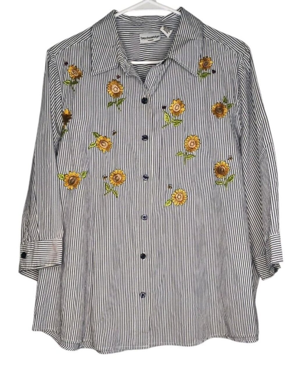 Breckenridge Women's Size 2x Cotton Blend 3/4 Sleeve Sunflower Embroidered Blous
